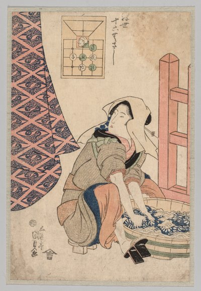 Sedící žena praní prádla v dřevěné vaně od Utagawa Kunisada