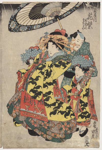 Kurtizány Hanmurski a Koshikibu z Tamai Promending in the Rain od Utagawa Kunisada