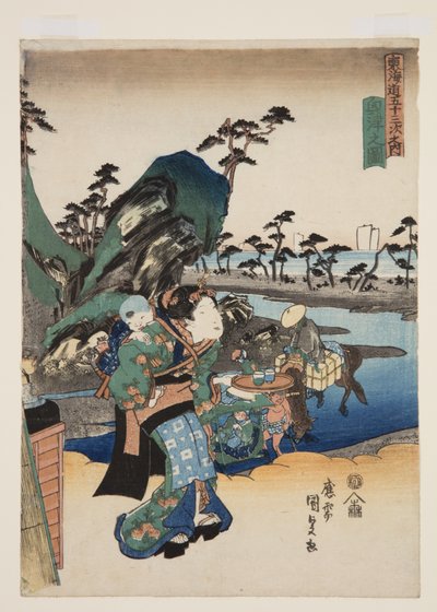 Pohled na Okitsu (Okitsu no zu) (barevný dřevořez) od Utagawa Kunisada