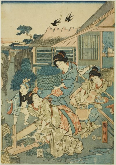 Velká prosperita na hedvábné farmě (Kaikoya Daihanjono Zu) od Utagawa Kunisato