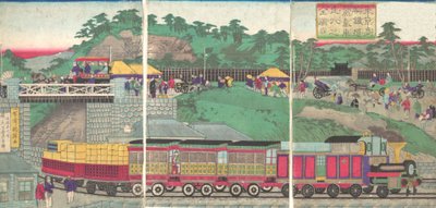 Ilustrace parní lokomotivy běžící na železnici Takanawa v Tokiu Tokyo ta..., ca. 1873. od Utagawa Kuniteru