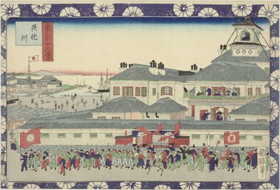 Vchod do hotelu Tsukiji Teppozu (název na objektu) Dvanáct pohledů na Tokio (název série) Tokyo Jun Kei (název série na objektu) od Utagawa Kuniteru II