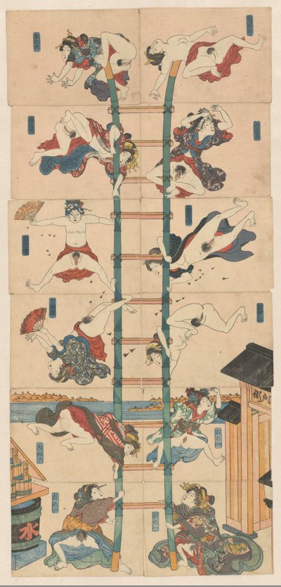 Série dvanácti koban Shunga s prostitutkami v roli akrobatických hasičů od Utagawa Kuniyoshi (school of)