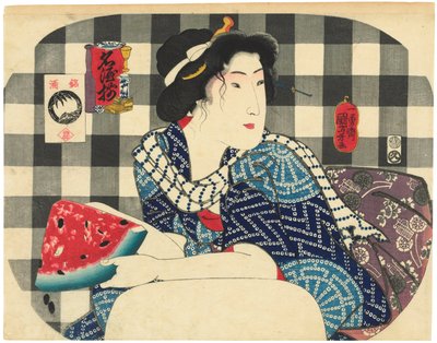 Žena držící plátek melounu ze série Slavné značky saké (Meishu zoroi) od Utagawa Kuniyoshi