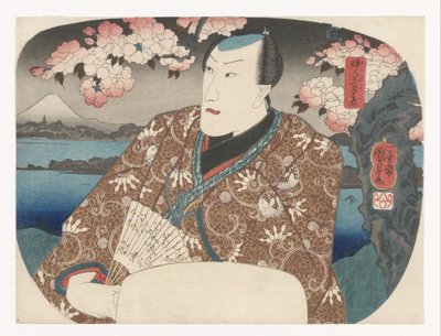 Herec s ventilátorem pod rozkvetlou třešní od Utagawa Kuniyoshi