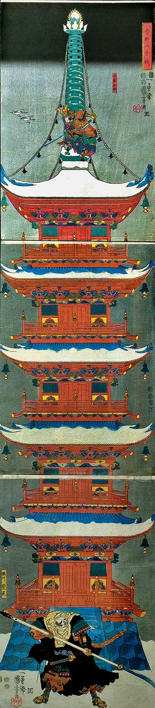 Trest t Zvuk je také štěstí (bitva Yoshinoyama), c. 1851 od Utagawa Kuniyoshi