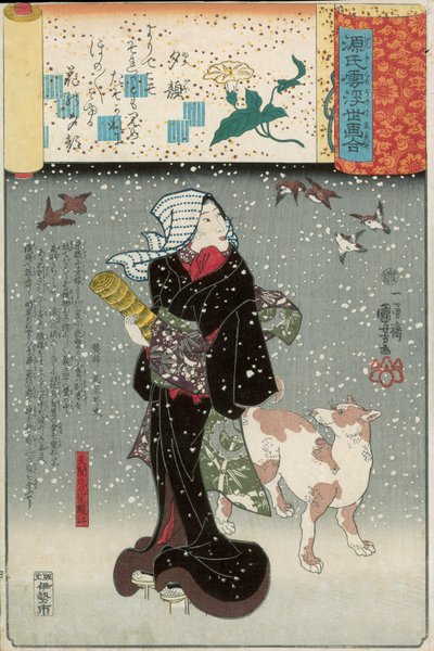 Bijin se psem ve sněhu ze série Genji mitate od Utagawa Kuniyoshi
