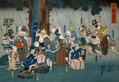 Comic Animals Taking Shelter from Rain (Dōke kemono no amayadori), c.1842 od Utagawa Kuniyoshi