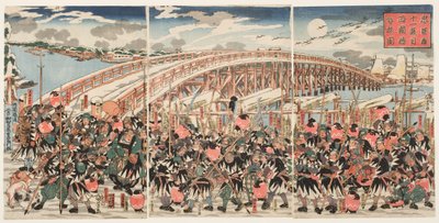 Jedenáctý zákon "Chushingura": Věrní strážci se shromáždí u mostu Rjógoku. od Utagawa Kuniyoshi