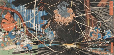 Ghost of Akugenda Yoshihira Attacking Nanba Jiro at Nunobiki Waterfall, ca 1825. od Utagawa Kuniyoshi