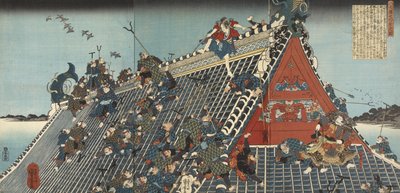 Hakkenden no uchi: Hôryû-kaku; Na střeše v Hôryû-kaku, 1836-1837 (dřevotisk, triptych) od Utagawa Kuniyoshi