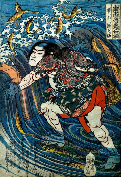 Hayakawa Ayunosuke Series: Jeden z osmi set hrdinů vodního okraje naší země (Honchō Suikoden gōketsu happyakunin no hitori), kolem roku 1831 od Utagawa Kuniyoshi