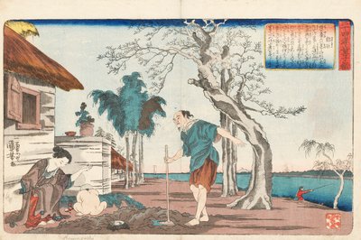 Kakkyo a jeho manželka odkrývají hrnec zlata v díře, kterou kopali, aby pohřbili svého malého syna, podepsaný Ichiyusai Kuniyoshi ga, kolem 1843 (barevný dřevotisk) od Utagawa Kuniyoshi