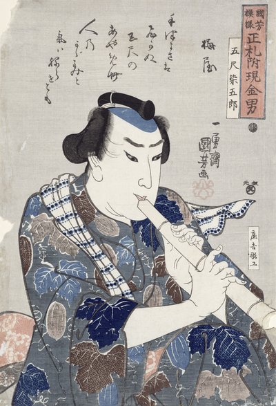 Muž hrající na flétnu (dřevěný tisk) od Utagawa Kuniyoshi