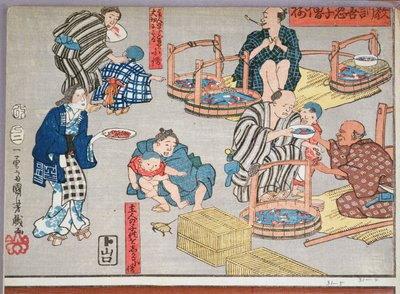 Morální učení pro obchodníky, uvádějící dobré a špatné příklady chování, 1857 (barevný dřevořez) od Utagawa Kuniyoshi