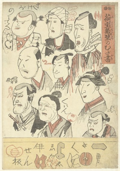 Negen acteursportretten Krabbels op de muur van een warenhuis (series title) Nitakaragura kabe no mudagaki (series title on object)   1367112   cs       czech Successfully Translated  Original: Studie til det Rybergske familiebillede; Fru Rybergs figur og  od Utagawa Kuniyoshi