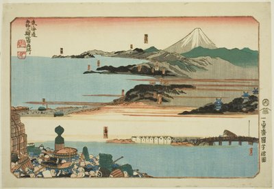 Nihonbashi, Shinagawa, Kawasaki a Kanagawa, ze série „Slavná místa na padesáti třech stanicích Tokaida, čtyři stanice (Tokaido gojusan eki yonshuku meisho)“ od Utagawa Kuniyoshi