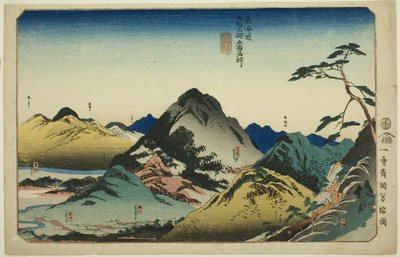Nissaka, Kakegawa, Fukuroi, Mitsuke a Hamamatsu ze série „Slavná místa na padesáti třech stanicích Tokaida, pět stanic (Tokaido gojusan eki goshuku meisho)“ od Utagawa Kuniyoshi