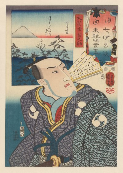 Oboshi Yuranosuke s bílým vějířem na krku kimona Sedm pohledů na horu Fuji z východního hlavního města v řádu Iroha (název série na objektu) od Utagawa Kuniyoshi