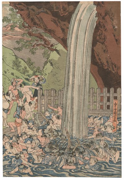 Poutníci u vodopádu Roben v Oyamě, podepsáno Ichiyusai Kuniyoshi, vydalo nakladatelství Azumaya Daisuke, pečeť kiwame, triptych Oban tate-e (barevný dřevotisk) od Utagawa Kuniyoshi