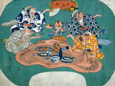 Mývalový pes a liška ve hře (Tanuki to kitsune no asobi), kolem roku 1842 od Utagawa Kuniyoshi