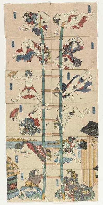 Série dvanácti koban Shunga s prostitutkami v roli akrobatických hasičů od Utagawa Kuniyoshi