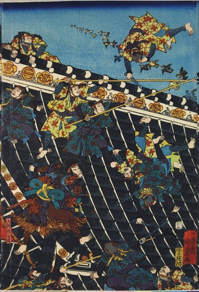 List z barevného dřevořezného triptychu s názvem Hōryukaku shō no zu zobrazující scénu z Hakkenden z Takizawa Bakin zobrazující boj na střeše chrámu mezi Inuzukou Shino (vpravo) a policií pod vedením Inukai Kempachi, adaptovaný z triptyku od Utagawa Kuniyoshi