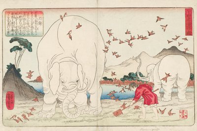 Taishun okopává pole s pomocí slonů a hejna vrabců, sign. Ichiyusai Kuniyoshi ga, kolem 1843 (barevný dřevotisk) od Utagawa Kuniyoshi