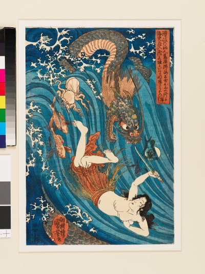 Tamatori ama získává zpět ukradený drahokam od draků. od Utagawa Kuniyoshi