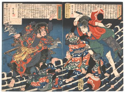 Historie jednoho a pouze osmi psů starého období Kyokutei (Bakin) Edo. C.1835 (barevný dřevořez) od Utagawa Kuniyoshi