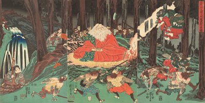 Ušiwakamaru se učí umění šermu od tengu, na které dohlíží jejich mistr Sojobo (dřevoryt) od Utagawa Kuniyoshi