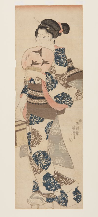 Žena s vějířem a klecí proti hmyzu (barevný dřevěný tisk) od Utagawa Kuniyoshi