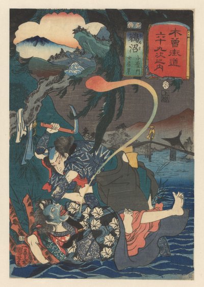 Yoemon zabíjí Kasane poblíž řeky Šedesát devět stanic Kisokaido (název série na objektu) od Utagawa Kuniyoshi
