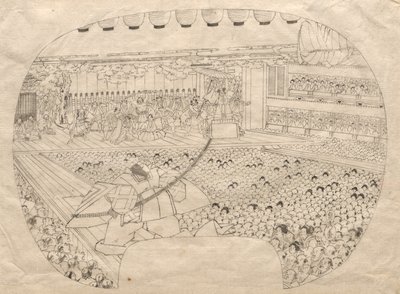 Návrh pro vějířovitý tisk divadla Kabuki od Utagawa Sadahide