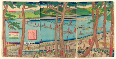 P Rotující zvuk Minamoto no Yoritomo přes odpaliště Rive r od Utagawa Sadahide