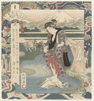 Žena pere prádlo v řece Řeka Chôbû v Musashi, číslo čtyři Musashi - sono yon (název na objektu) The Six Jewel Rivers (název série) Mutamagawa no uchi (název série na objektu) od Utagawa Sadakage