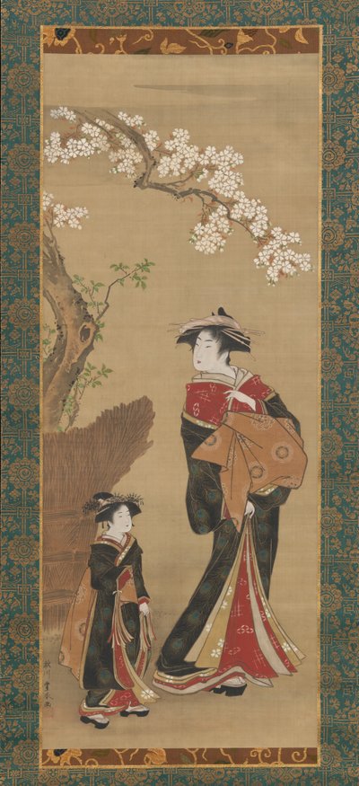 Kurtizána a její pomocník pod třešní, počátek 19. století. od Utagawa Toyoharu