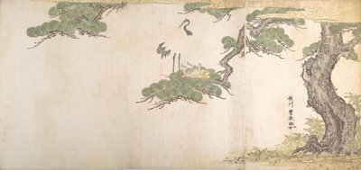 Jeřáb a jejich mláďata ve svém hnízdě ve větvích borovice, ca. 1790. od Utagawa Toyoharu