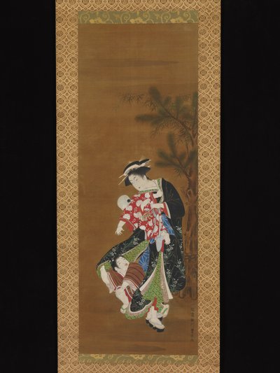 Mutter und Kinder zu Neujahr od Utagawa Toyoharu