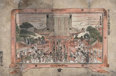 Lidé vstupující do velkého chrámu. Venku jsou obchodní stánky. Tisk obrazu v rámu s nožičkami, kolem roku 1770. Utagawa Toyoharu (1735-1814) Japonský malíř ukiyo-e. Dav lidí Náboženství Uctívání od Utagawa Toyoharu