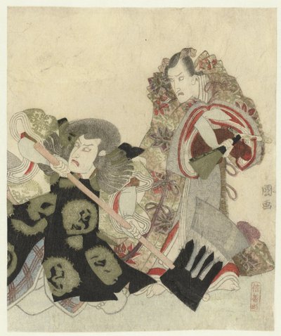 Ichikawa Danjûrô VII jako Yoshimune no Munesada s ventilátorem a Ichikawa Omezô v roli Sekibei se sekerou od Utagawa Toyokuni (I)