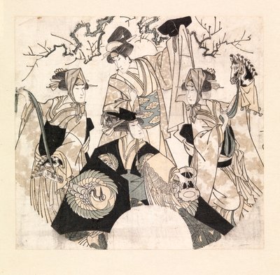 Herci předvádějící scénický tanec čtyř Onnagatů, kolem 1800-05 (barevný dřevoryt) od Utagawa Toyokuni