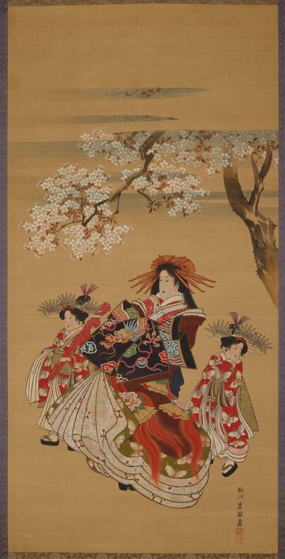 Kurtizána se dvěma kamuro pod rozkvetlými třešněmi od Utagawa Toyokuni
