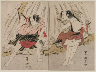 Kataoka Nizaemon VII. a Ichikawa Yaozo III. v souboji u vodopádu od Utagawa Toyokuni
