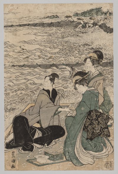 Muž a dvě ženy na mořském pobřeží, 1769-1825. od Utagawa Toyokuni