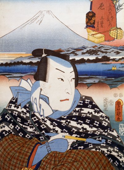 Port rai t of f kabuki te a t rea c a r před um t fuji, ukiyoe rt tisk Utagawa to well (1769-1825), t, Japonec, Japonec, Edo Perio d od Utagawa Toyokuni