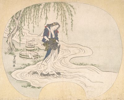 Žena stojí na skále v proudu a pere prádlo, ca. 1828. od Utagawa Toyokuni II