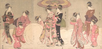 Kurtizány a průvodčí dělají obří sněhovou kouli, ca. 1796. od Utagawa Toyokuni I