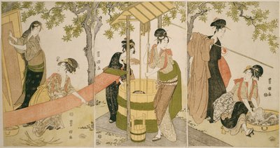 Praní prádla u obrubníku studny (Idobata no sentaku to araihari) od Utagawa Toyokuni I