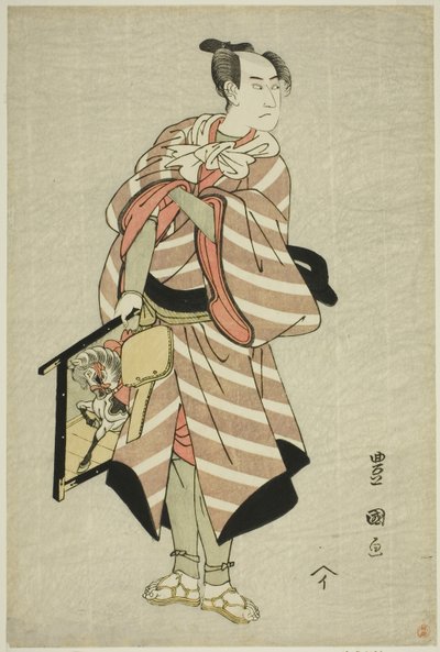 Herec Sawamura Sojuro III jako jezdec Muchizo ve hře „Miyamairi Musubi no Kamigaki“, vystupoval v divadle Kiri v jedenáctém měsíci roku 1797. od Utagawa Toyokuni I